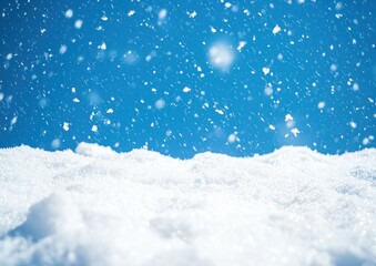 Close-up of snow-covered ground with falling snowflakes and a blue sky background Generative AI