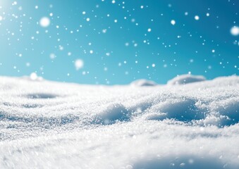 Close-up of snow-covered ground with falling snowflakes and a blue sky background Generative AI