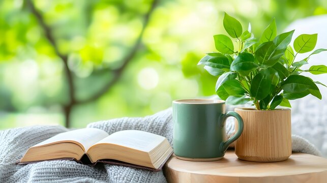 Cozy nook with a warm blanket lush indoor plants and a good book creating a peaceful serene and relaxing vibe  A cozy and inviting domestic scene perfect for reading studying or just unwinding