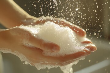 Fototapeta premium Hands full of foamy soap under warm sunlight, creating a bubbly texture
