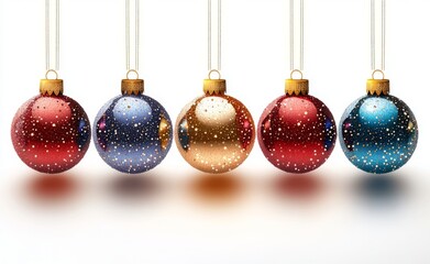 Christmas baubles on strings, isolated on transparent background, with shiny colors