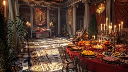 Lavish feast scene mosaic in Roman villa dining room detailed food in candlelight