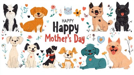 Fototapeta premium A cheerful illustration featuring various dogs celebrating Mother's Day with flowers and hearts.