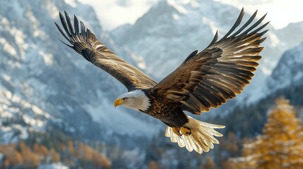 Obraz premium Majestic Bald Eagle Soaring Above Mountain Range
