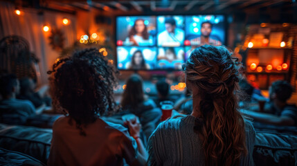 Obraz premium A group of friends watching football together, enjoying snacks and drinks, with a lively atmosphere and all eyes on the TV screen.