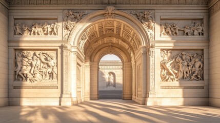 Obraz premium Ornate marble arch with reliefs of gods and creatures sunlight casting long shadows below