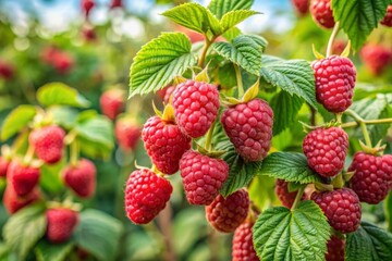 raspberries on a bush on a green background