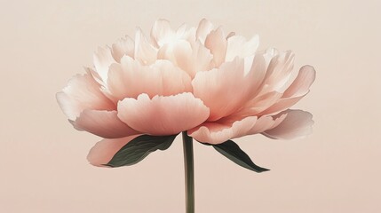 Delicate peach peony flower with soft leaves in a serene pastel background during daylight