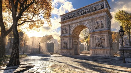 Fototapeta premium Triumphal arch of pale marble with frieze of Roman battles sunlight catching fine details