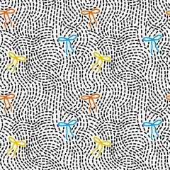 Seamless black dash line and bows on white background. dashed lines. seamless pattern background. Texture for textile, paper, wrapping, bedding, blankets.