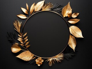Gold leaf wreath on a dark background, perfect for elegant designs and frames.