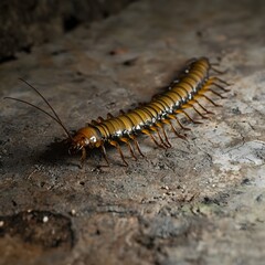 Fototapeta premium Centipede Crawling on Damp Basement Floor Numerous Legs in Sync Pest Concept with Copy Space