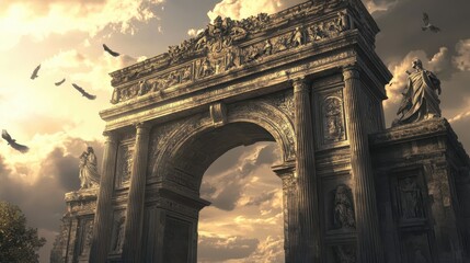 Fototapeta premium Grey granite arch with floral frieze and statues clouds in the background soft light