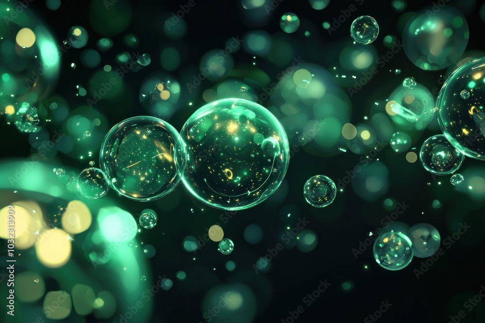 Canvas Prints abstract floating green and yellow glowing bubbles with light particles on dark background generativ