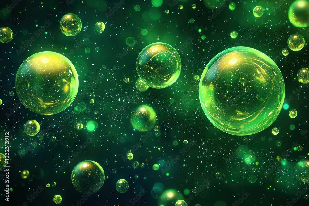 Sticker abstract floating green and yellow glowing bubbles with light particles on dark background generativ