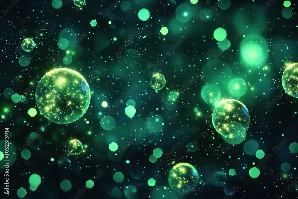Wall mural abstract floating green and yellow glowing bubbles with light particles on dark background generativ