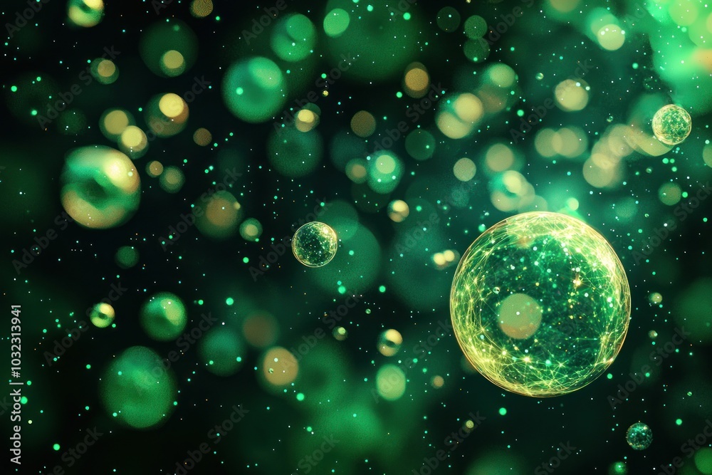 Sticker abstract floating green and yellow glowing bubbles with light particles on dark background generativ