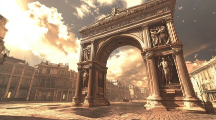 Embossed bronze arch with scenes of victory sunlight reflecting on the metallic surface