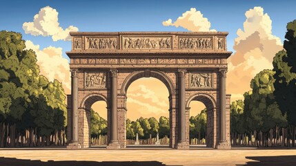 Obraz premium Granite arch with tall columns and Roman victory scenes warm afternoon sunlight casting shadows