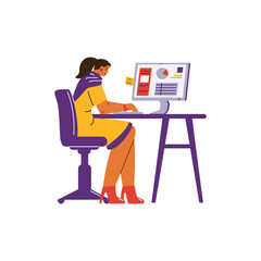 Vector illustration of a Indian woman in a traditional sorry at a computer with graphs