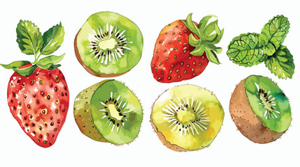 Vibrant Kiwi Fruit, Strawberry, and Mint Watercolor Hand Drawn Illustration
