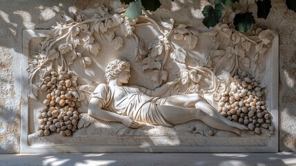 Reclining figure carved in marble surrounded by vines sunlight creating sharp shadows on the scene