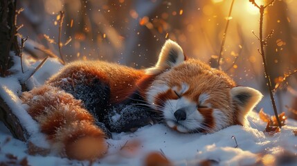 Adorable red pandas curled up in a snow-covered tree.