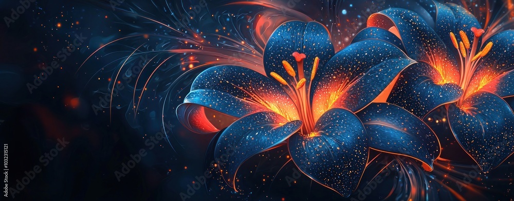 Canvas Prints abstract glowing blue and orange flowers with light particles on dark background generative ai