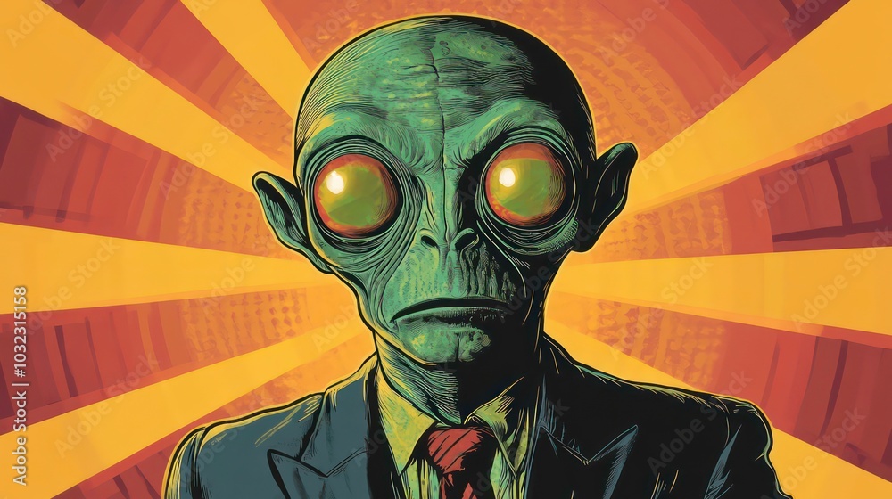 Canvas Prints a green-skinned alien with large eyes and a suit stares at the viewer with a serious expression agai