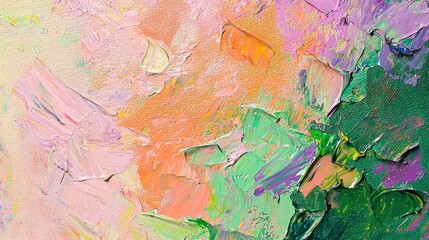 Vibrant abstract oil painting with thick brushstrokes of orange, pink, green, and purple colors Generative AI