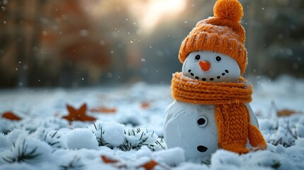 Cute snowman with orange hat and scarf smiling in snowy landscape, embodying winter joy and holiday spirit.