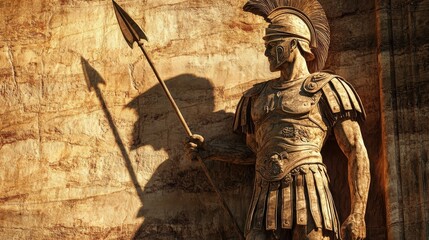 Obraz premium Stone fresco of a Roman soldier with detailed armor and weathered stone surface