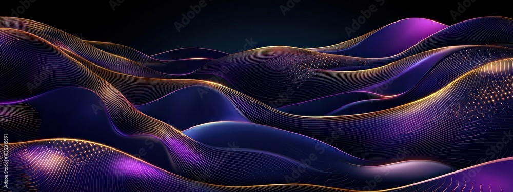 Wall mural abstract purple and yellow flowing lines with dotted pattern on dark background generative ai