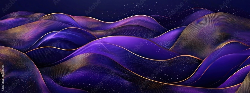 Wall mural elegant purple and gold wave pattern with sparkling particles on dark background generative ai