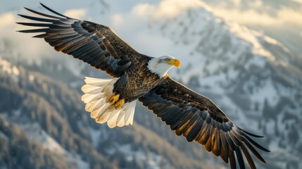 A majestic bald eagle soars through the air with its wings spread wide, with snow-capped mountains in the background.