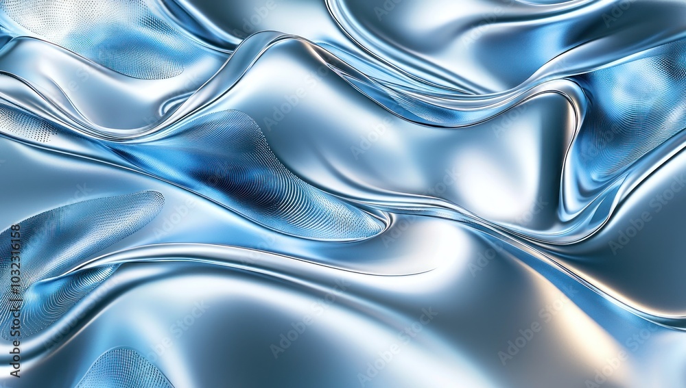 Wall mural abstract metallic blue waves with smooth textures and flowing shapes in a dynamic and modern design 