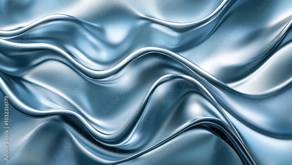 Wall mural abstract metallic blue waves with smooth textures and flowing shapes in a dynamic and modern design 