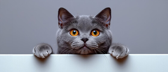 beautiful funny grey British cat peeking out from behind a white table with copy space , isolated on white background, , free space text, copy space, copy space for text,