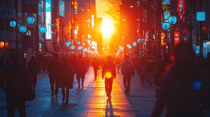 Silhouetted pedestrians absorbed in their phones, walking in a dreamy, futuristic urban scene.