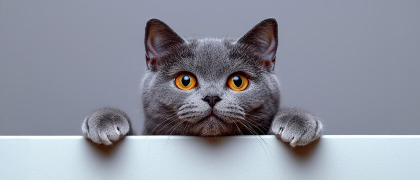 beautiful funny grey British cat peeking out from behind a white table with copy space , isolated on white background,  , free space text, copy space, copy space for text,
