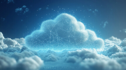 Realistic 3D rendering of cloud hologram in technology with network connection, blue background, digital data and internet concept. AI innovation concept.