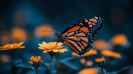 This is a Danaus chrysippus (Plain tiger) butterfly soaring over a daisy flower in a blurred green background with branches and leaves.