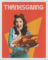 Contemporary art collage. Woman, dressed in retro style, holds Thanksgiving turkey with joyful expression. Retro style, pin-up. Concept of autumn holidays, celebration, harvest season. Ad