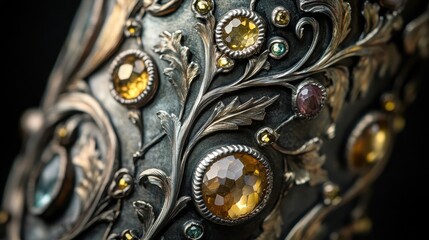 Fototapeta premium Inlaid gemstones and gold accents on a silver column softly highlighting the sparkle