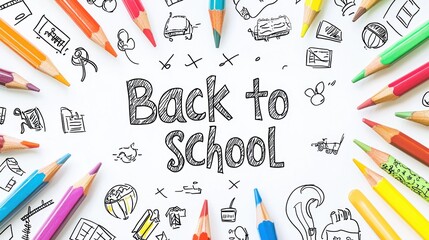 Back to School text with colorful pencils and doodles on a white background Generative AI