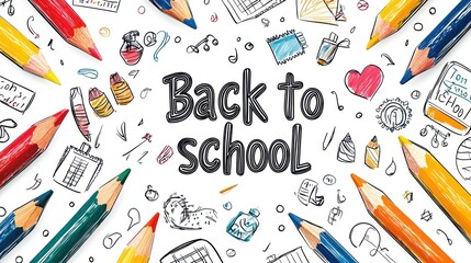 Back to School text with colorful pencils and doodles on a white background Generative AI