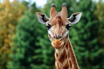 Obraz premium Close-up of a giraffe in front of some green trees, looking at the camera as if to say You looking at me? With space for text