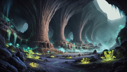 Fototapeta premium Game art alien neon mushrooms in the cave