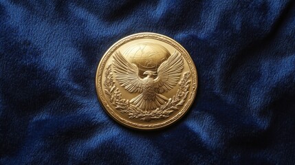 Polished gold medallion with eagle over globe on deep blue velvet shimmering brightly
