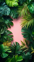 Colorful tropical leaves on a coral background